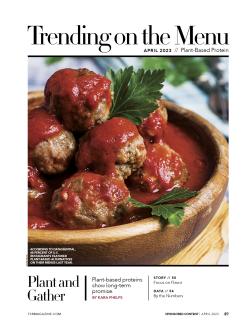 Trending on the Menu April 2023 cover with plant-based meatballs
